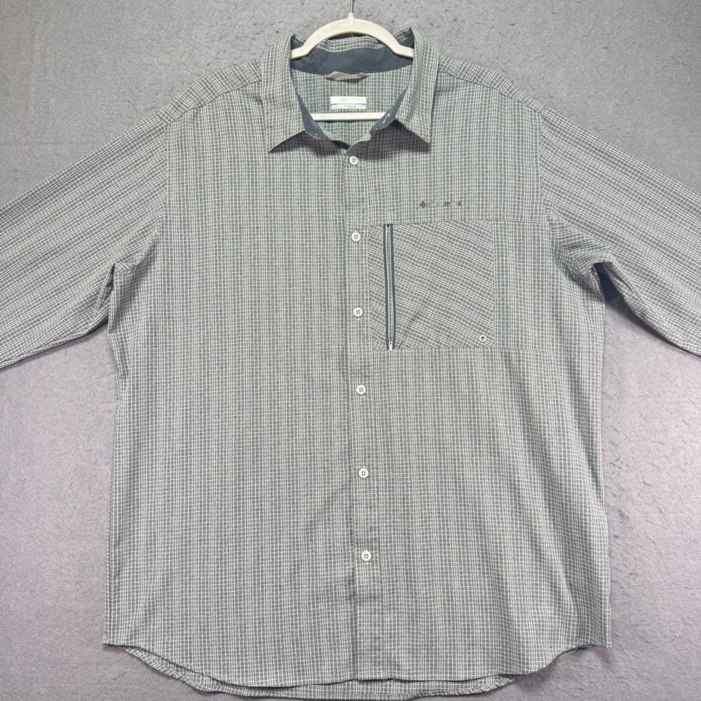 Columbia Men's Long Sleeve Gray Plaid Button Up Shirt‎ Zipper Pocket Size XL
